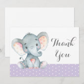 Schattige Olifant Baby Meisje Paars en Grijs Bedankkaart (Voorkant / Achterkant)