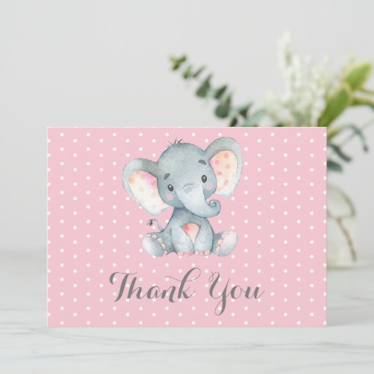 Schattige Olifant Baby Meisje Roze en Grijs Bedankkaart (Staand voorkant)