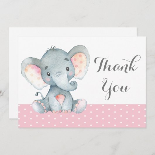Schattige Olifant Baby Meisje Roze en Grijs Bedankkaart (Voorkant / Achterkant)