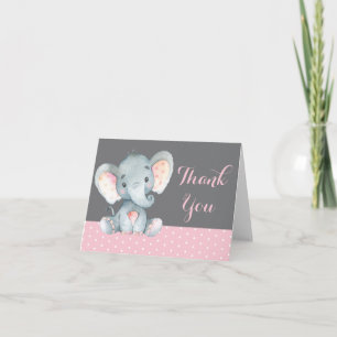 Schattige Olifant Baby Meisje Roze en Grijs Bedankkaart