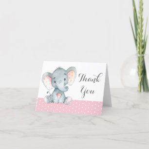 Schattige Olifant Baby Meisje Roze en Grijs Bedankkaart