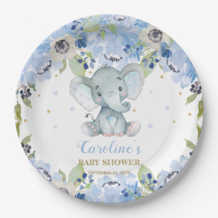 Schattige Olifant Baby Shower Blauwe Bloemen Papieren Bordje