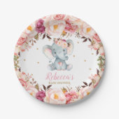 Schattige Olifant Baby shower Blush Bloemen Desser Papieren Bordje (Voorkant)