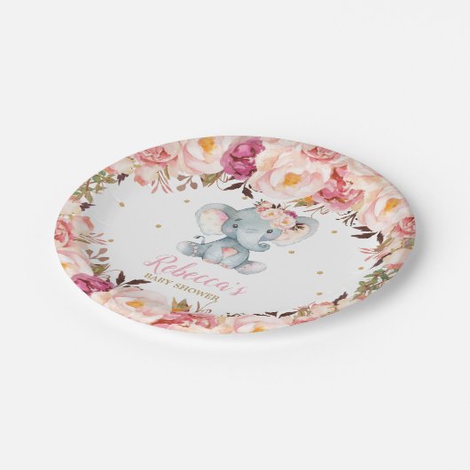 Schattige Olifant Baby shower Blush Bloemen Desser Papieren Bordje (Gekanteld)