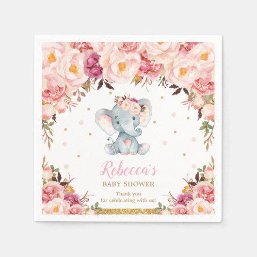 Schattige Olifant Baby shower Blush Floral Serviet Servet (Voorkant)