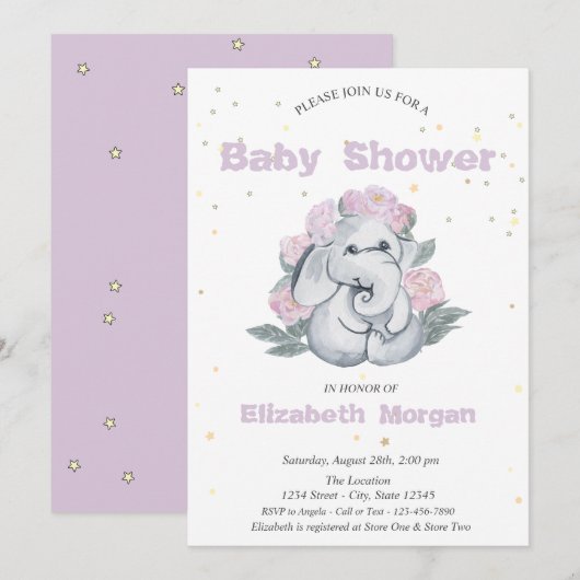 Schattige olifant, Baby shower sterrenbloemen Kaart (Voorkant / Achterkant)