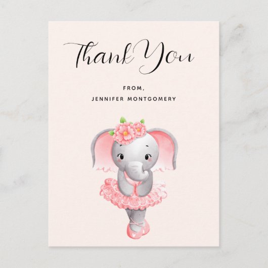 Schattige Olifant Ballerina Roze & Grijs Dank Je Briefkaart (Voorkant)