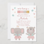Schattige Olifant & Beer Meisje Baby shower Kaart (Voorkant)