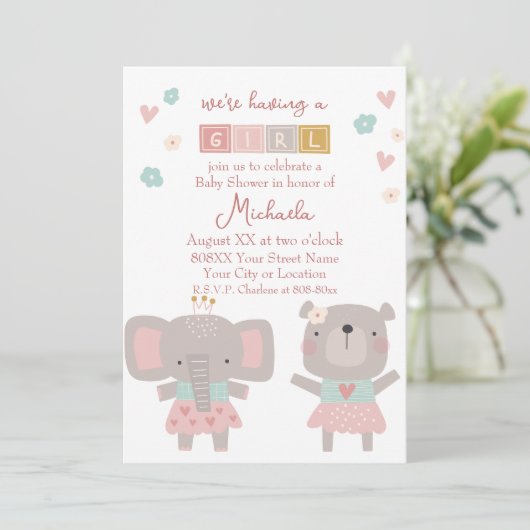 Schattige Olifant & Beer Meisje Baby shower Kaart (Staand voorkant)