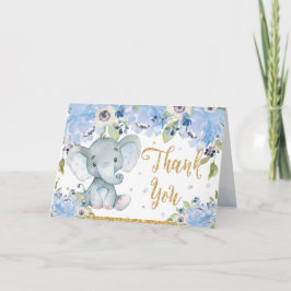 Schattige Olifant Blauw Bloemen Baby shower Bedankkaart