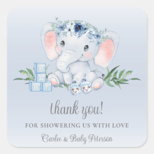 Schattige Olifant Blauw Bloemen Jongen Baby shower Vierkante Sticker