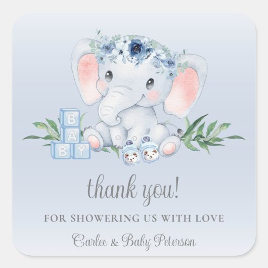 Schattige Olifant Blauw Bloemen Jongen Baby shower Vierkante Sticker (Voorkant)