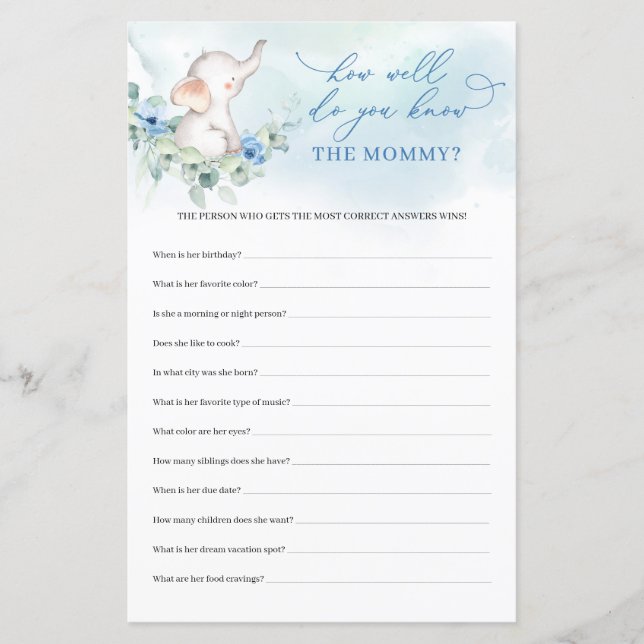 Schattige olifant blauw Nou ken je het mama spel (Voorkant)