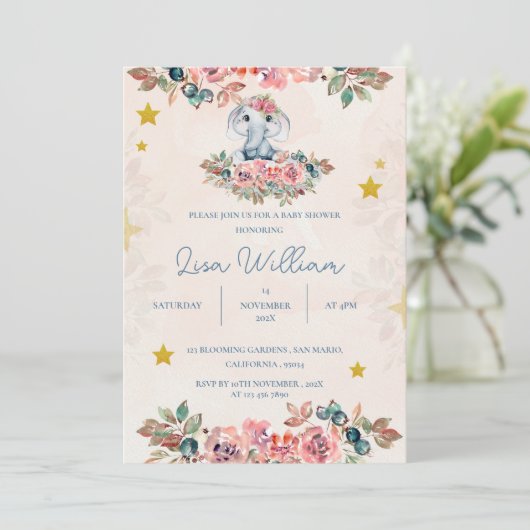 Schattige Olifant Blauw Perzik Groen Bloemen Baby  Kaart (Staand voorkant)