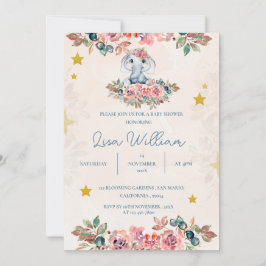 Schattige Olifant Blauw Perzik Groen Bloemen Baby Kaart