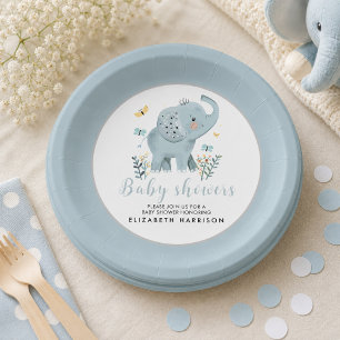 Schattige Olifant Blauwe Baby Shower voor Jongen Papieren Bordje