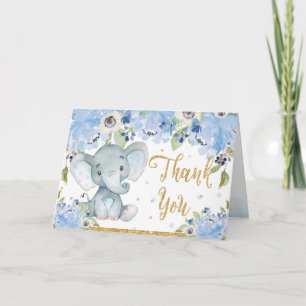 Schattige Olifant Blauwe Bloemige Baby Shower Bedankkaart