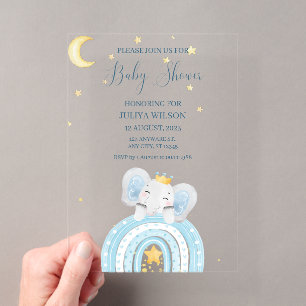 Schattige olifant blauwe jongens babyshower acryl uitnodigingen