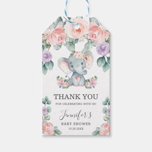 Schattige Olifant Bloemen Baby shower Dank u Favor Cadeaulabel (Voorkant)