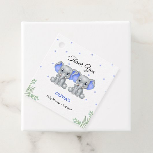 Schattige Olifant Blue Twin Boys Baby shower Bedankjes Labels (In situ)