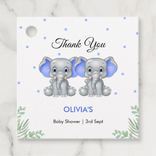 Schattige Olifant Blue Twin Boys Baby shower Bedankjes Labels (Voorkant)