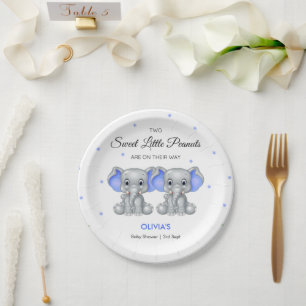 Schattige Olifant Blue Twin Boys Baby shower Papieren Bordje