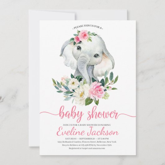 Schattige Olifant Blush Roze Bloemen Baby shower I Kaart (Voorkant)