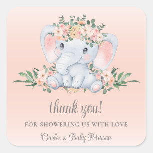 Schattige Olifant Blush Roze Bloemen Meisje Baby s Vierkante Sticker