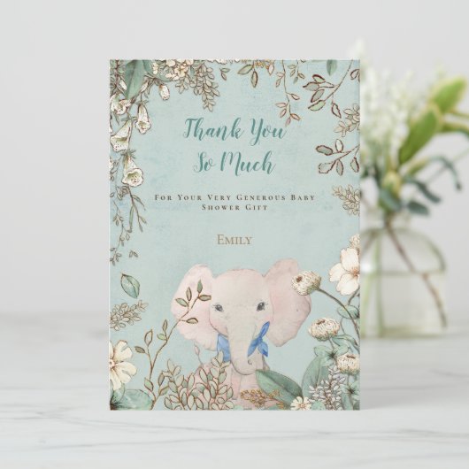  Schattige Olifant Botanisch Groen Baby shower Bedankkaart (Staand voorkant)