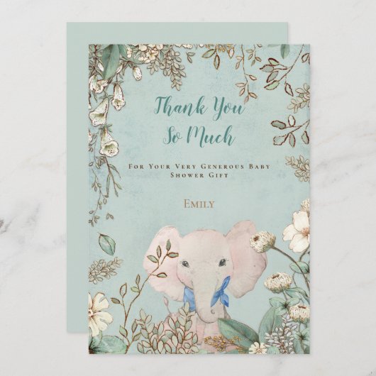Schattige Olifant Botanisch Groen Baby shower Bedankkaart (Voorkant / Achterkant)