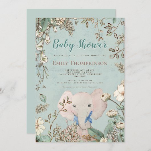 Schattige Olifant Botanisch Groen Baby shower Kaart (Voorkant / Achterkant)