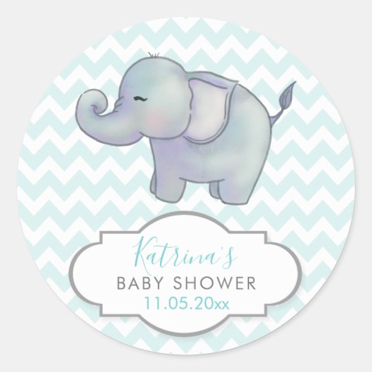 Schattige Olifant | Chevron Blue Baby shower Dank Ronde Sticker (Voorkant)