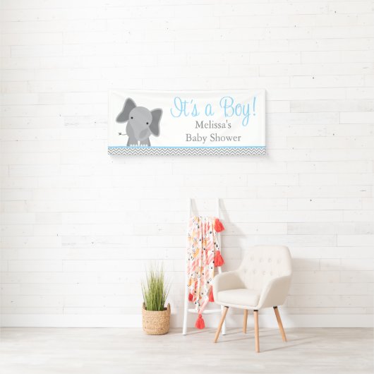 Schattige Olifant Chevron Lichtblauw Baby shower 6 Spandoek (Insitu)