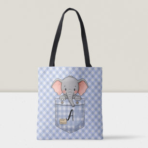 Schattige olifant die uit een geruit zakje gluurt tote bag