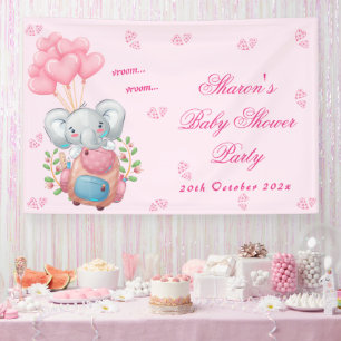 Schattige Olifant en Roze Ballon Baby Shower  Spandoek