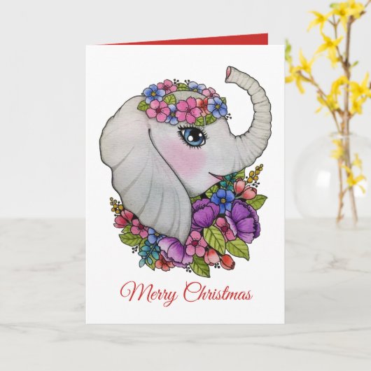 Schattige Olifant En Wilde Bloemen In Waterverf Kaart (Gele Bloem)