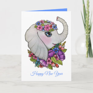 Schattige Olifant en Wilde Bloemen in Waterverf Kaart