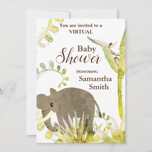 Schattige Olifant & Floral Art Virtual Baby shower Kaart (Voorkant)