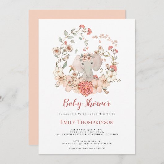  Schattige Olifant Foliage Peach Baby shower Kaart (Voorkant / Achterkant)