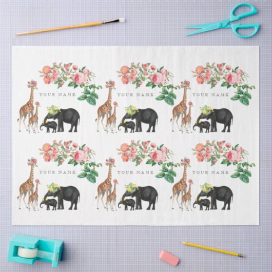 Schattige Olifant & Giraffe Bloemige Aangepaste Na Tissuepapier (Craft)