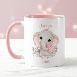 Schattige Olifant Hart Valentijn liefde Roze Naam Mok