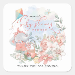 Schattige Olifant Meisje Baby shower Picknick Dank Vierkante Sticker