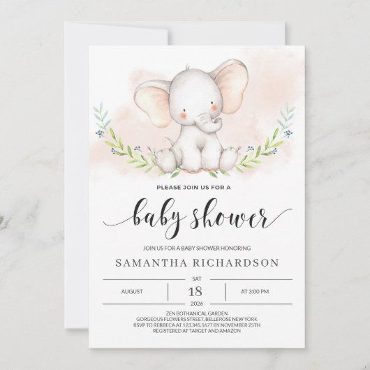 Schattige Olifant Meisje Baby shower Uitnodiging B (Voorkant)