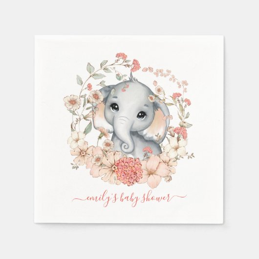 Schattige Olifant Meisje Bloemen Naam Baby shower Servet (Voorkant)