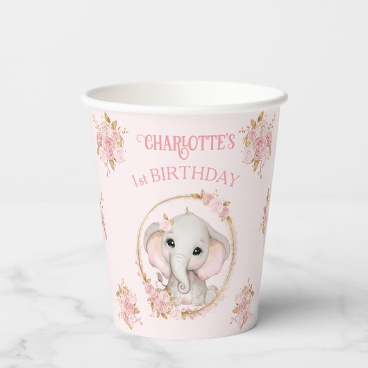 Schattige Olifant Meisje Roze Bloemen Rozen 1e Ver Papieren Bekers (Achterkant)