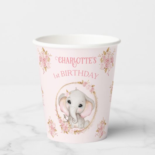 Schattige Olifant Meisje Roze Bloemen Rozen 1e Ver Papieren Bekers (Voorkant)