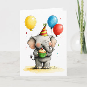 Schattige Olifant met Cupcake Kinderen Verjaardag Kaart