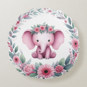 Schattige olifant met roze bloemen rond kussen