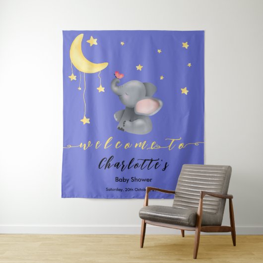 Schattige olifant met vlinder baby shower wandkleed (In situ)