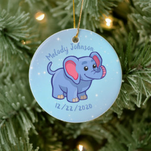 Schattige Olifant Monogram Naam & Verjaardag Keramisch Ornament